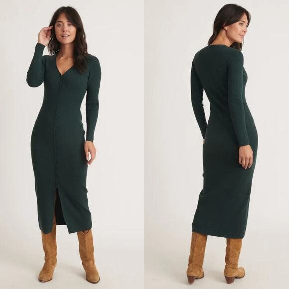 Marine Layer Brea Dress Rib Button Down Long Sleeve Midi Ponderosa Pine NWT L - Picture 1 of 7